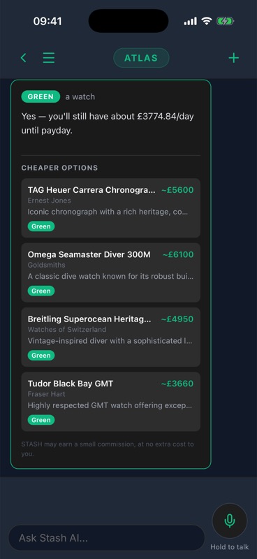 A Green verdict in Stash confirming the purchase is affordable, with a short list of cheaper Green alternatives.